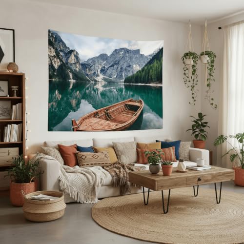 Nature Mountain Lake Boat Tapestry 60x44 Inch