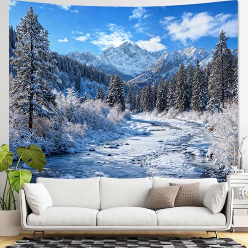 Winter Forest Snow Mountain Tapestry Snowy Pine Tree Woodland Tapestry for Bedroom Aesthetic White Clouds Flowing River Landscape Tapestries Wall Hanging for Living Room Dorm Office 90 x 68 Inch