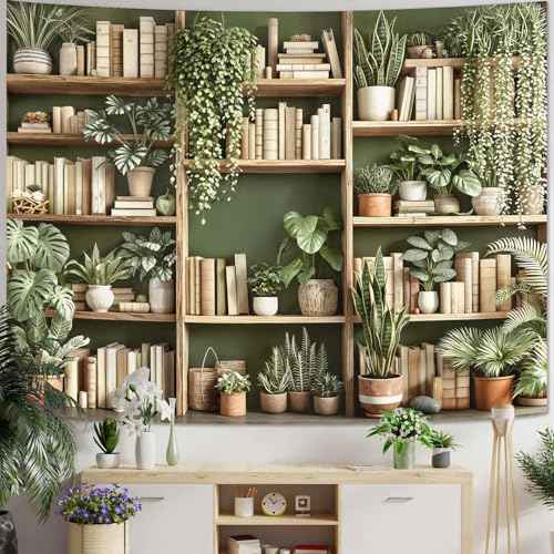 Green Plant Bookshelf Tapestry Botanical Bookshelf Tapestries Wall Hanging Modern Potted Plants Bookshelf Backdrop Large Tapestry for Bedroom Living Room Dorm 80 x 60 inch