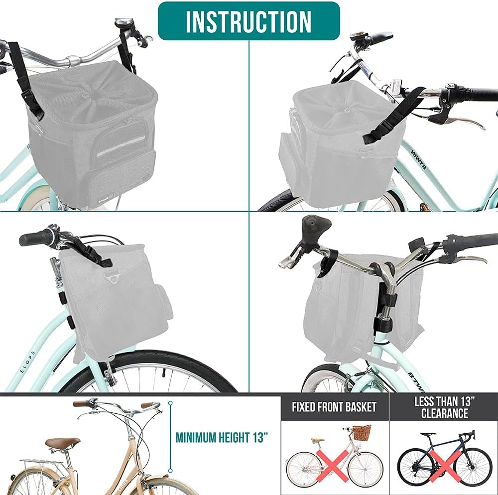PetAmi Dog Bike Basket, Soft-Sided Ventilated Dog Bike Carrier Backpack, Pet Bicycle Basket for Bike Handlebar, Small Medium Puppy Cat Kitten Car Booster Seat with Safety Strap, Max 18 lbs, Dark Gray