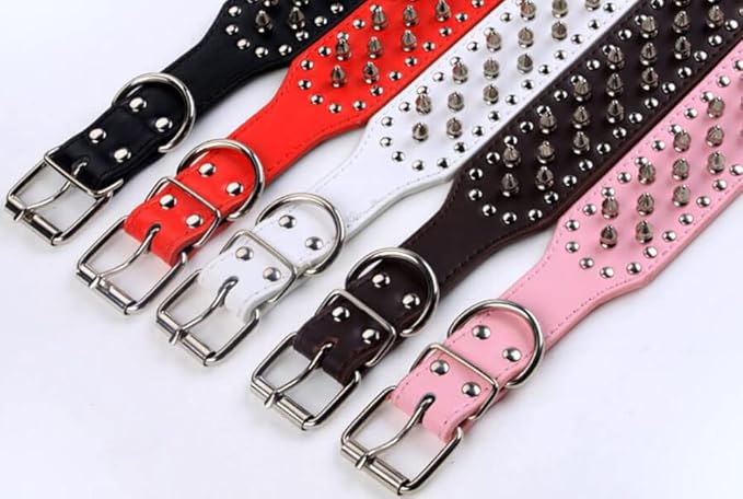 Serijoars Spiked Studded Dog Collar, PU Leather Dog Collar, Adjustable Pet Collars for Medium or Large Breed Pet (L, White)