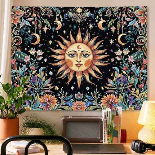 Sun and Moon Tapestry Hippie Boho Floral Wall Tapestry for Bedroom Aesthetic Colorful Flowers Vintage Celestial Botanical Plant Small Tapestries Wall Hanging for Living Room Dorm 60 x 44 Inch