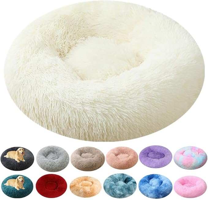 Donut Dog Bed Cat Bed, 20 Inch Round Fluffy Dog Beds for Small Dogs and Cats, Anti-Anxiety Donut Dogs Cuddler Bed, Washable Pet Bed for Medium Cats (White)