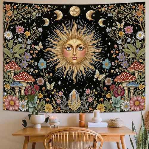 Boho Sun and Moon Tapestry Hippie Mushroom Floral Wall Tapestry for Bedroom Aesthetic Moon Phase Vintage Plant Celestial Small Tapestries Wall Hanging for Living Room Dorm 60 x 44 Inch