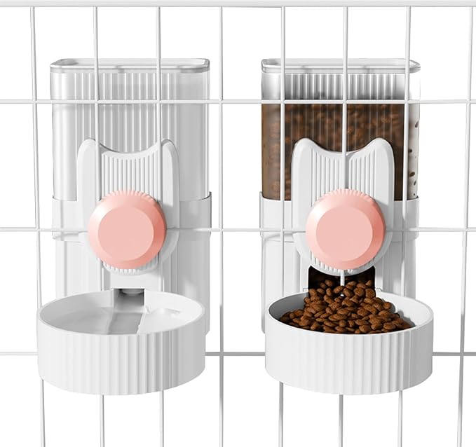 Hanging Cage Automatic Small Pet Food Bowl Water Bottle Dispenser, 1L Auto Gravity Pet Feeder and Waterer Set Kennel Feeding Station Crate Feeder Dish for Rabbit Puppy Cats Ferret (Pink)