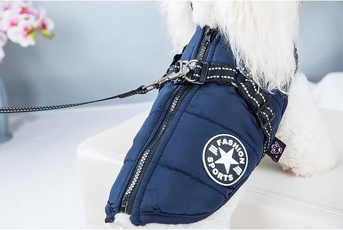 HDKUW Small Dog Jacket, Small Dog Coat Harness Winter Warm Vest Jacket Waterproof Cotton Costume for Puppy Small Dogs (L, Blue)