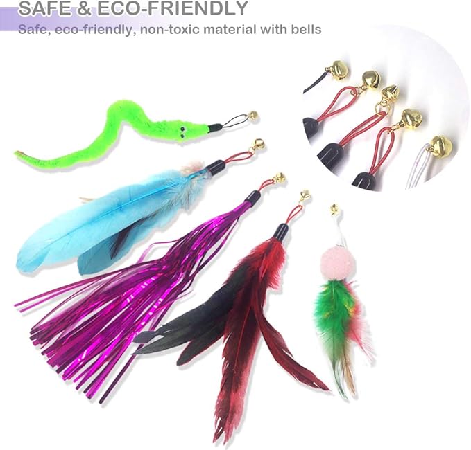 Cat Toy Wand, Interactive Feather Teaser Cat Toys Set, Retractable Cat Fishing Rod with 5pcs Refills (Purple)