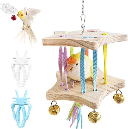 Bird Stand Perch Toy,Interactive Rocking Parakeet Toy and Perch, Wooden Exercise Wheel Cockatiel Toy, Intelligence Puzzle Enrichment Toys,Bird Playground Play Stands for Conure Budgie(E)