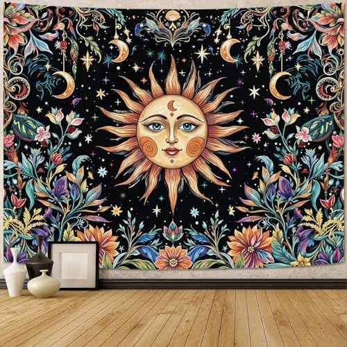 Sun and Moon Tapestry Hippie Boho Floral Wall Tapestry for Bedroom Aesthetic Colorful Flowers Vintage Celestial Botanical Plant Large Tapestries Wall Hanging for Living Room Dorm 80 x 60 Inch
