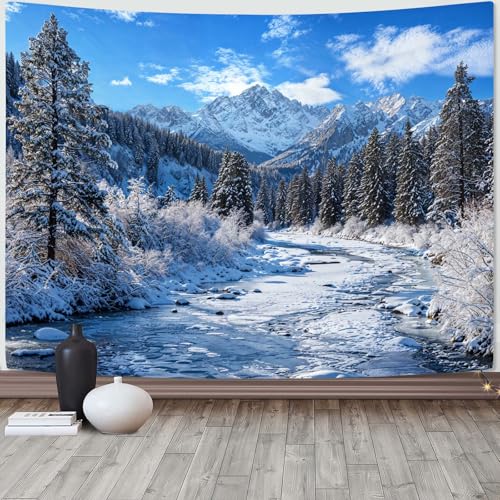 Winter Forest Snow Mountain Tapestry Snowy Pine Tree Woodland Tapestry for Bedroom Aesthetic White Clouds Flowing River Landscape Tapestries Wall Hanging for Living Room Dorm Office 90 x 68 Inch