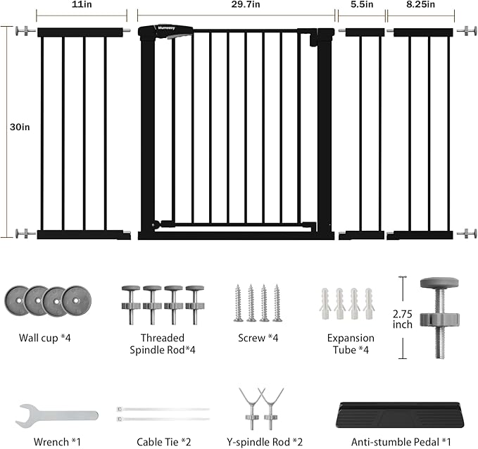 Mumeasy 29.7-57" Extra Wide Baby Gate, Auto Close Large Dog Gate for Doorways, No Drilling Pressure Mounted Pet Safety Gate for Stairs, Easy Walk Through Child Gate for Hallways, House, Indoor, Black