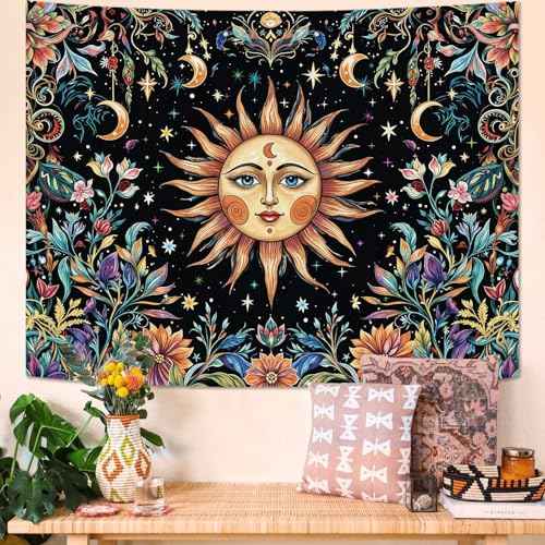 Sun and Moon Tapestry Hippie Boho Floral Wall Tapestry for Bedroom Aesthetic Colorful Flowers Vintage Celestial Botanical Plant Small Tapestries Wall Hanging for Living Room Dorm 60 x 44 Inch