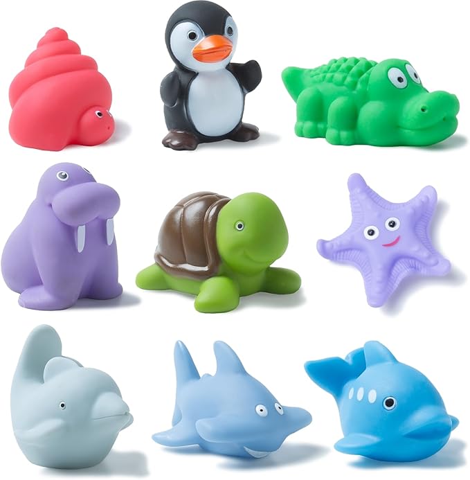 XY-WQ Bath Toys No Hole, for Infants& Toddlers, No Hole Bathtub Toys (Sea Animals Ⅱ, 9 Pcs with Mesh Bag)