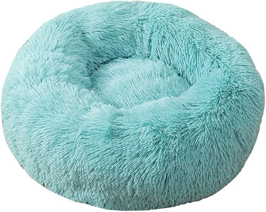 Calming Faux Fur Dog Beds Calming Donut Cuddler Dog Bed Washable Round Cat Bed Pillow Cuddler Fluffy Indoor Dog Calming Beds with Anti Slip Bottom Solid Color Lake Blue 27 Inch