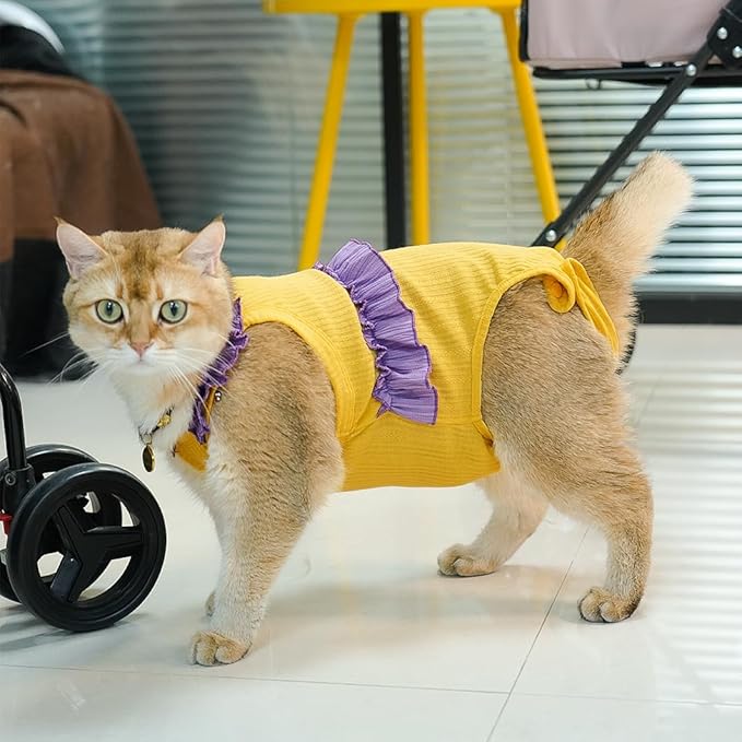 Cat Recovery Suit,Kitten Onesie After Surgery,E-Collar Alternative for Abdominal Wound and Skin Diseases,Soft Breathable Bodysuit After Spay（Yellow-l）
