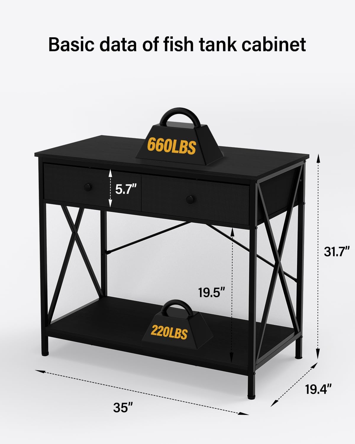 Fish Tank Stand 40 Gallon: Sturdy Aquarium Stand with Accessories Storage - Metal Fish Tank Table for 40-50 Gallon Reptile Breeder Turtle Terrarium - 35"X19.54" Weight Capacity 660 lbs