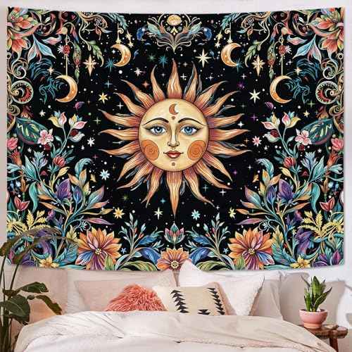 Sun and Moon Tapestry Hippie Boho Floral Wall Tapestry for Bedroom Aesthetic Colorful Flowers Vintage Celestial Botanical Plant Small Tapestries Wall Hanging for Living Room Dorm 60 x 44 Inch