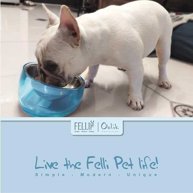 Felli Pet Oblik Slanted Dog Food Water Bowl Elevated Stainless Steel Oval Dish Ergonomic Angled Metal Feeder Spill Proof Non Slip, Raised Acrylic Cone for Bulldog Pug Small Medium (1.5Cup Sapphire)