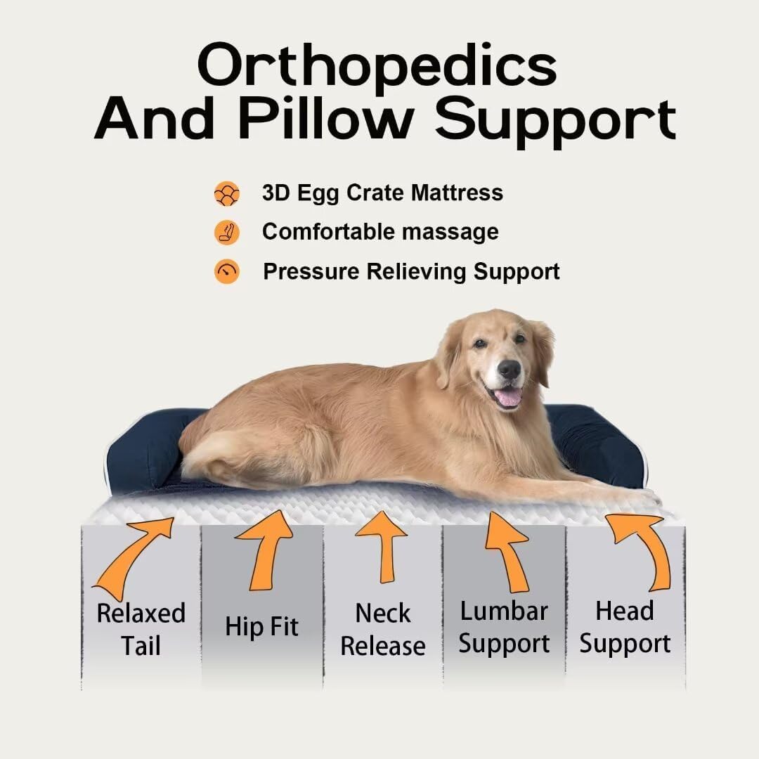 Large Dog Bed Orthopedic Washable | Beds Bolster Pet - XXL Large Big Dogs - Memory Foam - Couch Sofa - Waterproof with Removable Cover | Navy Blue Dog Bed