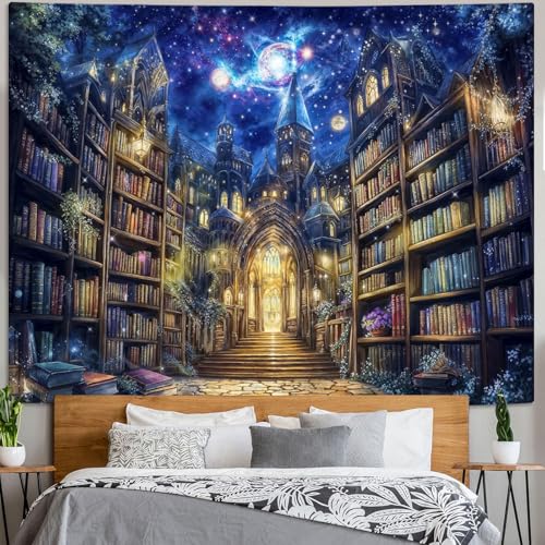 Fantasy Bookshelf Tapestry Space Library Tapestries Wall Hanging Gothic Galaxy Castle Magic Book Extra Large Tapestry for Bedroom Living Room Dorm Classroom 90 x 68 inch