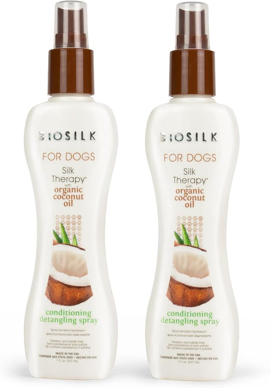 BioSilk Silk Therapy Conditioning Detangling Spray for Dogs with Natural Coconut Oil - Dog Matted Hair Detangler Conditioner for Dogs, Dematting Grooming Supplies, 7 Fl Oz - 2 Pack