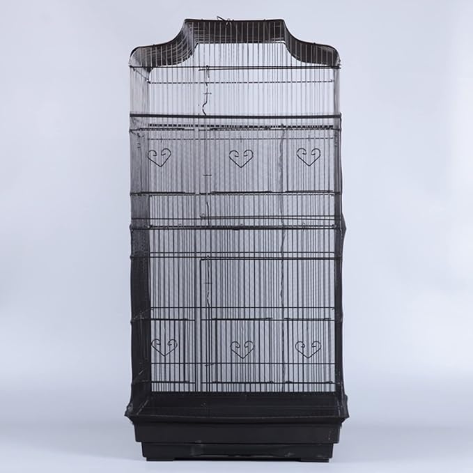 Bird Cage Seed Catcher, Large Airy Gauze Seeds Bird Cage Cover Guard Adjustable Bird Cage Cover Birdcage Seed Feather Catcher Universal Birdcage Parrot Bird Nylon Mesh Net Cover(L-118x16 in, Black)