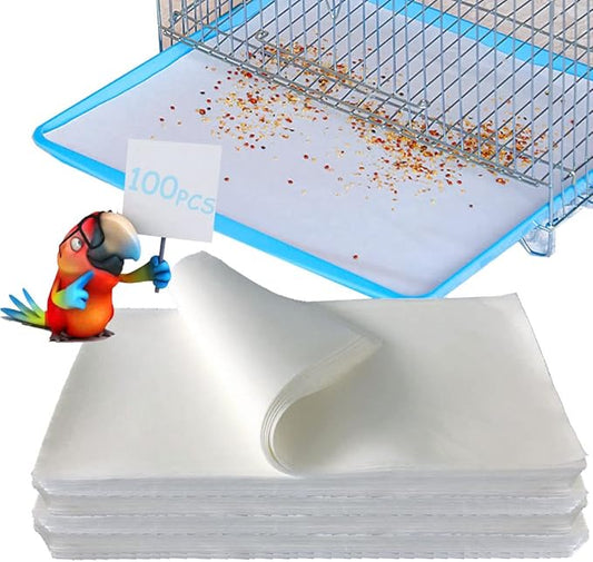 Firdnyohs 100PCS Bird Cage Liner Papers, Disposable Cage Paper Liners Precut Absorbent Cushion Pad Mat Accessories for Pet Bird Parrot (White)