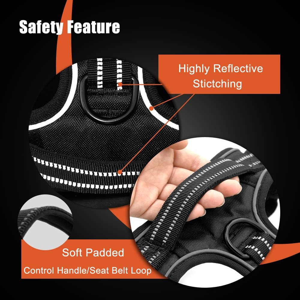 PHOEPET Reflective Dog Harness No Pull Large Breed Vest with 2 Metal Leash Attachment Hooks(L, Red)