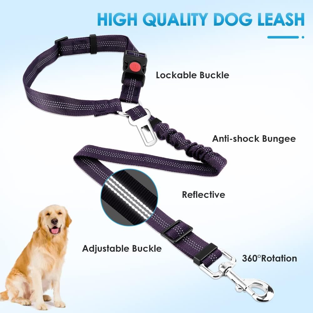 SlowTon Dog Seat Belt for Car, 2 Pack Dog Car Harness Seatbelt Adjustable with Elastic Bungee Buffer, 2 in 1 Pet Car Leash Headrest Restraint Dog Reflective Safety Tether (Purple, Headrest+Clip)