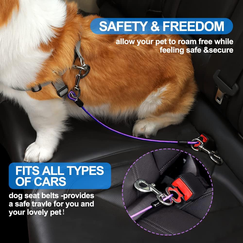 Dog Seat Belt Harness for Car,Dog Seatbelt of Coated Wire Leash Safety Restraint,No Chew Tether Cable Vehicle,Double Clips & Latch(Purple, 32 inch/80 CM)
