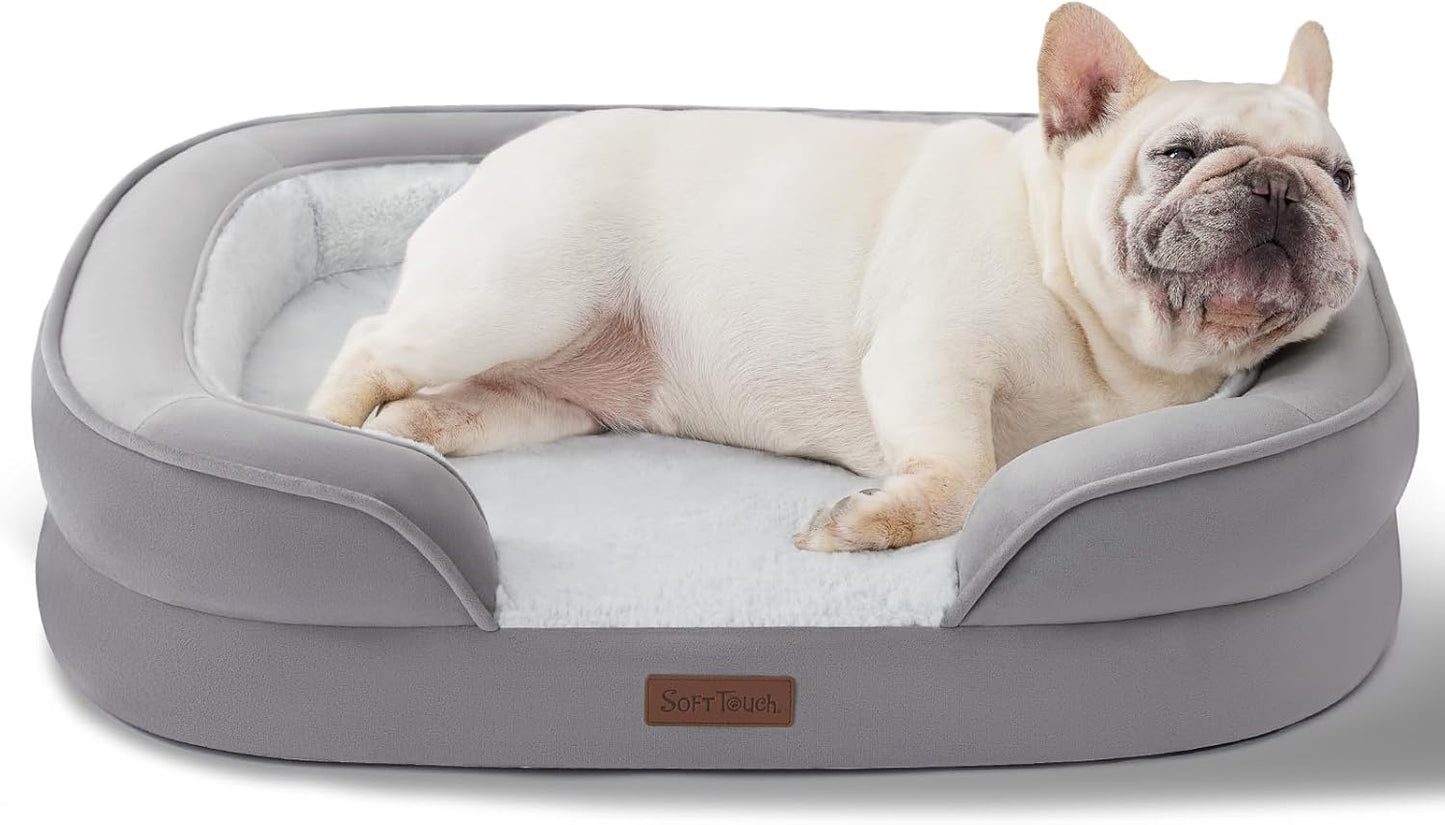 Soft Touch Orthopedic Dog Bed for Medium Dogs with Faux Fur Top, Waterproof Pet Couch Bed with Removable Washable Cover and Supportive Foam Filling (Grey, Medium)