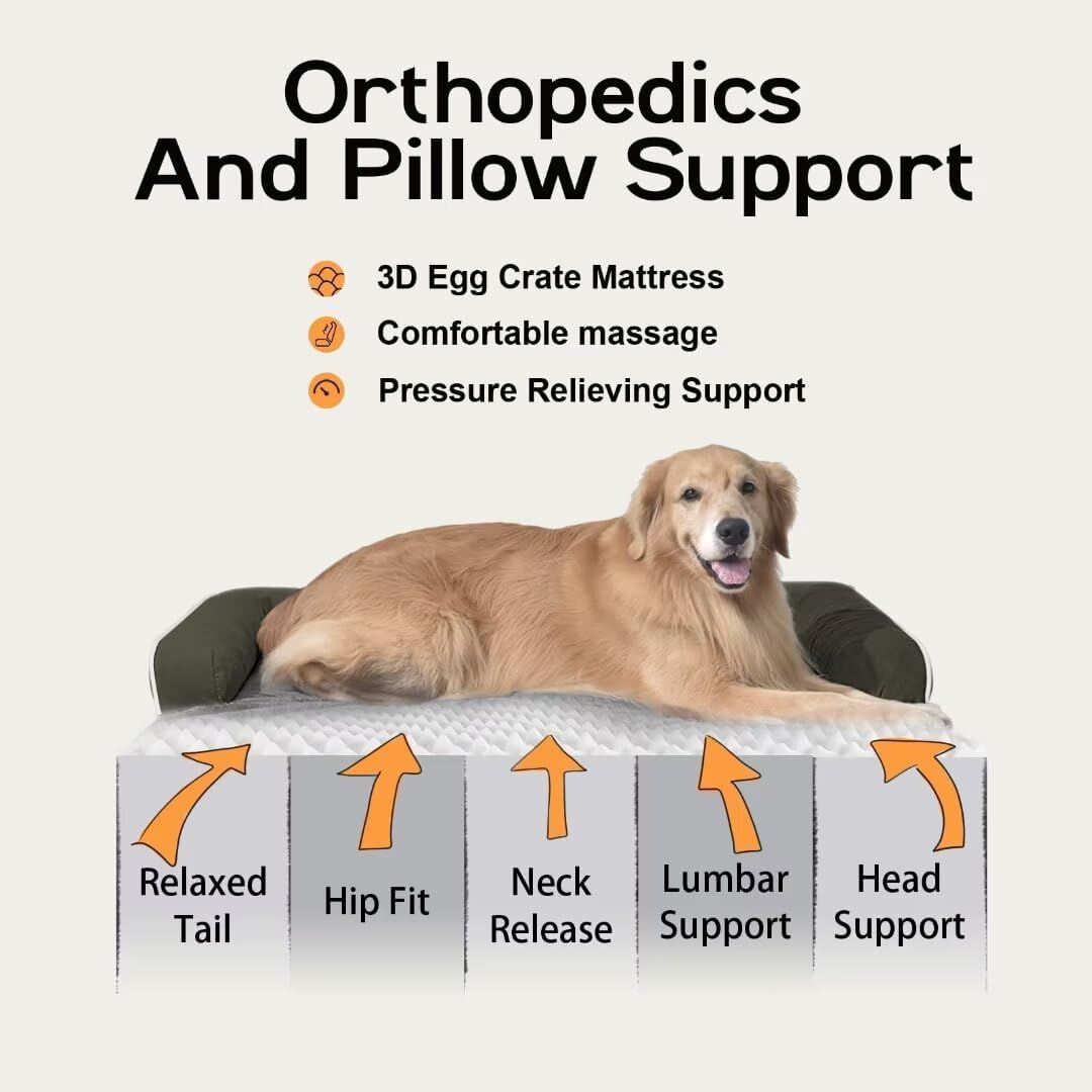 Large Dog Bed Orthopedic Washable: Orthopedic Dark Green Dog beds for XXXLarge Size Dogs, Waterproof Washable Cover with Egg Foam Removable Bolster, pet beds for Large Dogs