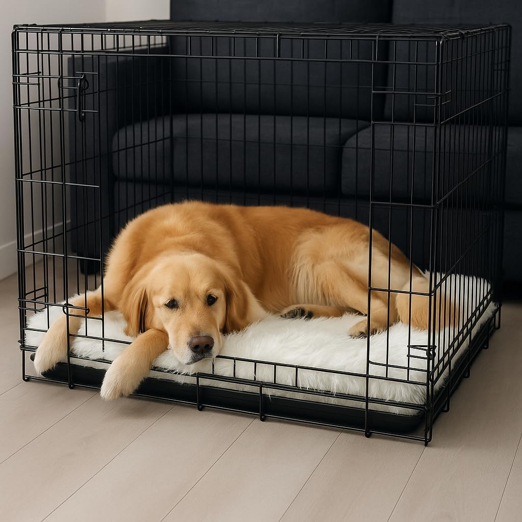 IHAPPYDOG Luxury Faux Fur Orthopedic Dog Beds, Memory Foam Crate Bed for Small, Medium, Large and XL Pets, Fluffy Pet Bed with Waterproof and Washable Cover, Fits Crates (White, XL 47" x 29")