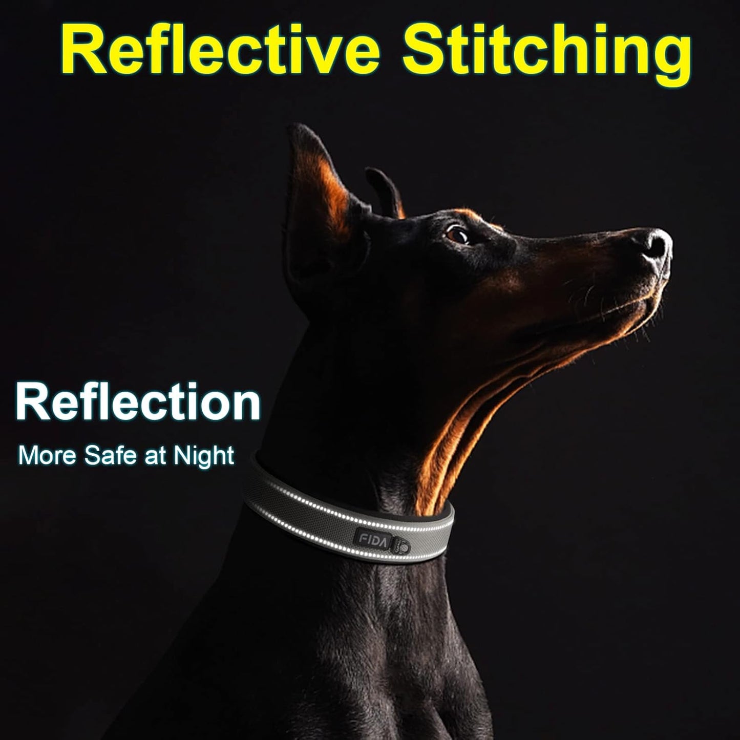Fida Heavy Duty Dog Collar, Ultra Comfortable Soft Neoprene Padded, Adjustable Reflective Nylon Pet Collar with Durable Metal Belt Buckle for Small Breeds (S, Grey)
