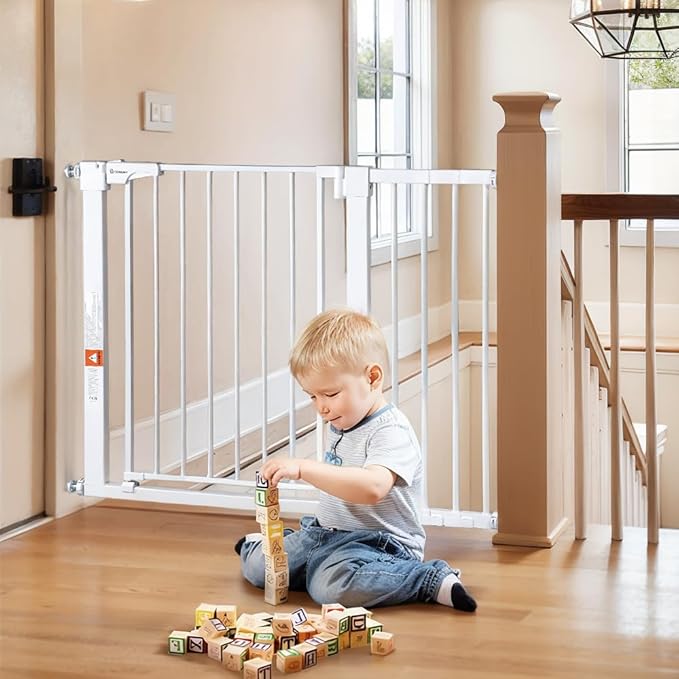 COMOMY 30" Tall Baby Gate for Stairs Doorways, Fits Openings 29.5" to 43.3" Wide, Auto Close Extra Wide Dog Gate for House, Pressure Mounted Easy Walk Through Pet Gate with Door, White