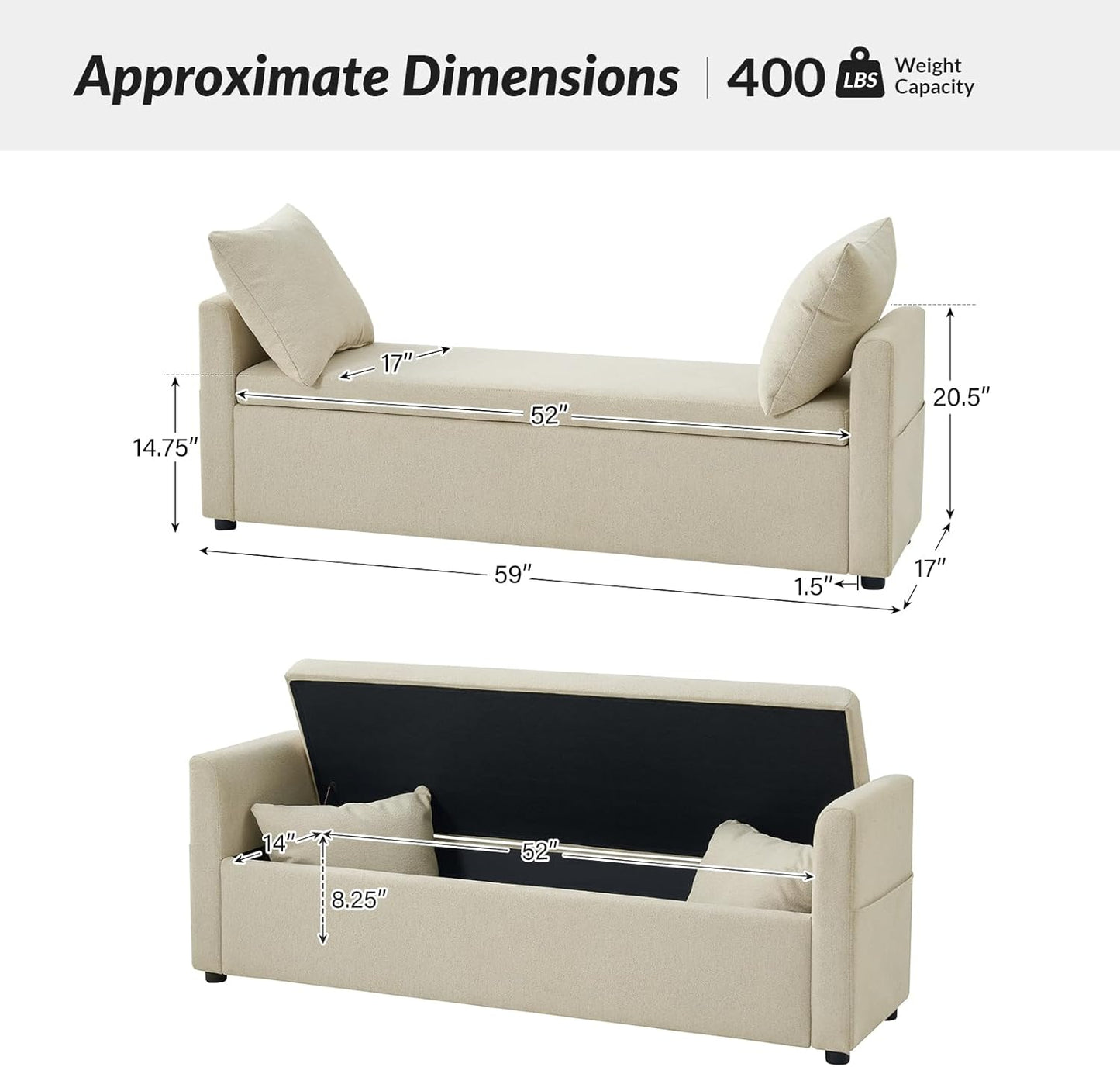 HULALA HOME Modern Storage Ottoman Bench with Throw Pillows, 59" Extra Long End of Bed Bench with Storage Pocket, Comfy Upholstered Footstool for Bedroom Entryway Living Room, Ivory