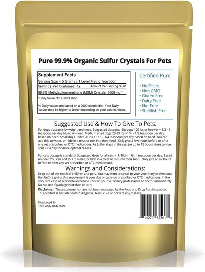 HAPPY BODY Pure MSM Joint Supplement for Dogs, Cats, & Horses – 100% Additive-Free – High Performance, Supports Senior Pets Wellness, Healthy Joints, Mobility, Aches, & Fatigue 7oz - 2 Packs
