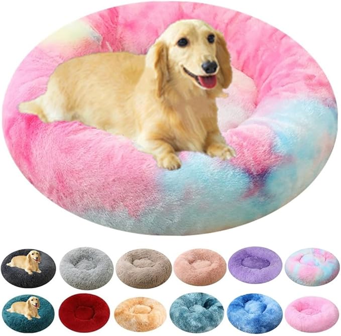 Dog Bed & Cat Bed for Small Medium Dogs, 27 Inch Calming Dogs Bed Anti-Anxiety Machine Washable Fluffy Luxury Anti-Slip Waterproof Pet Puppy Round Bed (Rainbow)