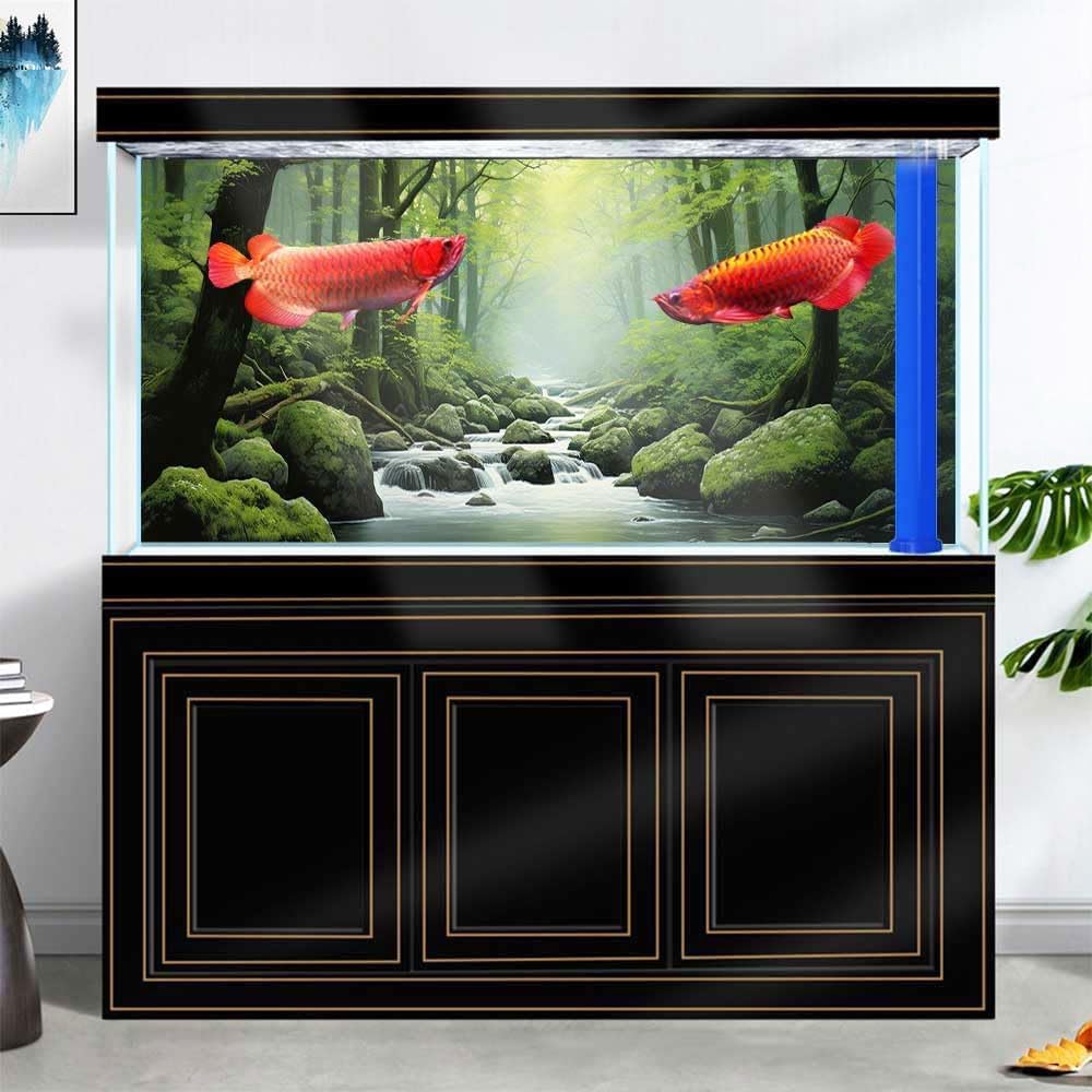 36X20IN Tropical Forest Terrarium Background, Natural Green Forest Tree Reptile Habitat Background, Misty Rainforest Aquarium Background, with 8 EVA Double-Sided Tape