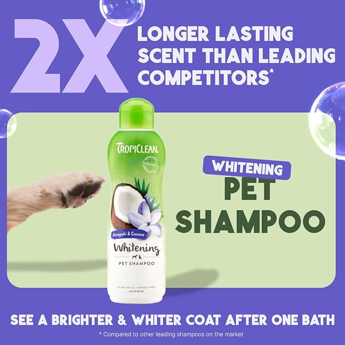 TropiClean Whitening Dog Shampoo, Whitening & Brightening, For All Coat & Color Types, Puppy Safe, Made in the USA, Cat Friendly, 20oz.