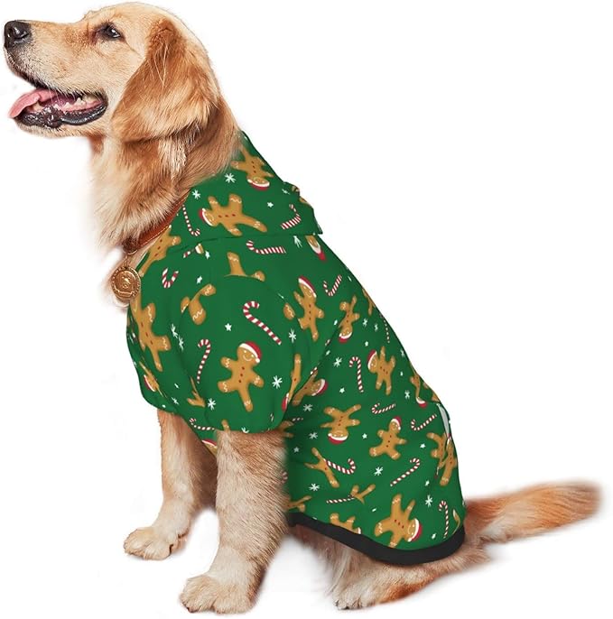 Green Christmas Gingerbread Men Candies Hoodie,Christmas Cosplay Dog Clothes with Pocket and Hat Winter Clothes Sweaters X-Small