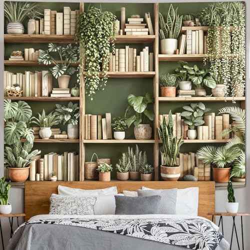 Green Plant Bookshelf Tapestry Botanical Bookshelf Tapestries Wall Hanging Modern Potted Plants Bookshelf Backdrop Large Tapestry for Bedroom Living Room Dorm 80 x 60 inch