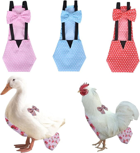 MANON ROSA Chicken Diapers Bantam Hens - Reusable 3-Piece Set with Bow Ties Poultry Nappies Washable Waterproof for Geese Pet Ducks Silkie (Polka Dot Large)