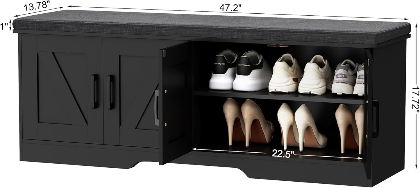 2-Tier Storage Bench, Shoe Bench with Padded Seat Cushion, Entryway Bench with 4 Barn Doors, Adjustable Shelf, 13.8" D x 47.2" W x 17.7" H, for Entryway, Living Room, Bedroom, Black