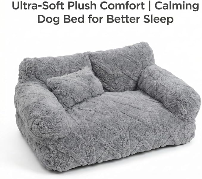 Plush Calming Pet Sofa Bed, Raised Rim, Removable Cover & Non-Slip Bottom for Cats & Dogs, Calming Dog Bed Fluffy Plush Dog Mat for Furniture Protector with Removable Washable Cover (Khaki, Small)