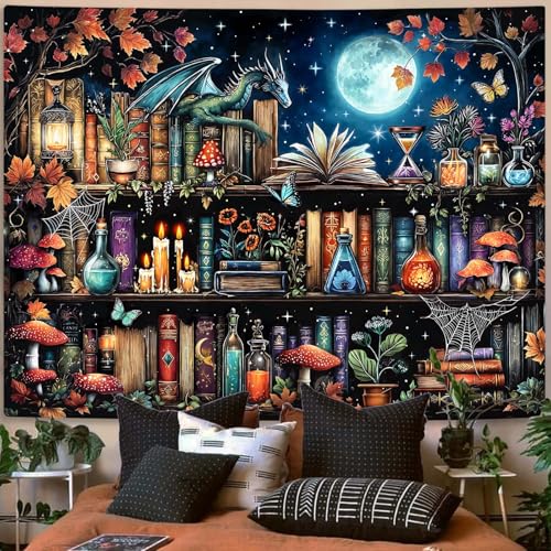 Dragon Bookshelf Tapestry Witchy Mushroom Bookshelf Tapestries Wall Hanging Gothic Medieval Fantasy Moon Dark Academia Book Extra Large Tapestry for Bedroom Living Room Dorm 90 x 68 inch