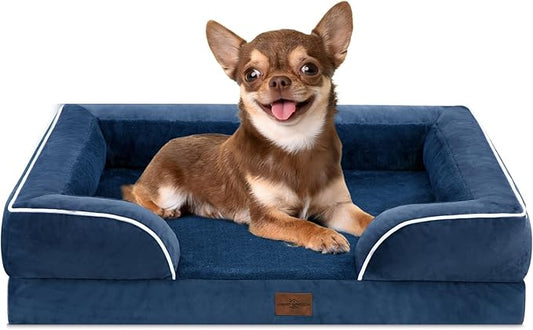 Comfort Expression Orthopedic Dog Bed for Small Dogs 24x16 Inch, Waterproof Supportive Egg Crate Foam Small Pet Bed with Removable Bolsters, Dog Couch with Washable Cover & Non-Slip Bottom, Navy Blue