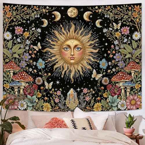 Boho Sun and Moon Tapestry Hippie Mushroom Floral Wall Tapestry for Bedroom Aesthetic Moon Phase Vintage Plant Celestial Small Tapestries Wall Hanging for Living Room Dorm 60 x 44 Inch
