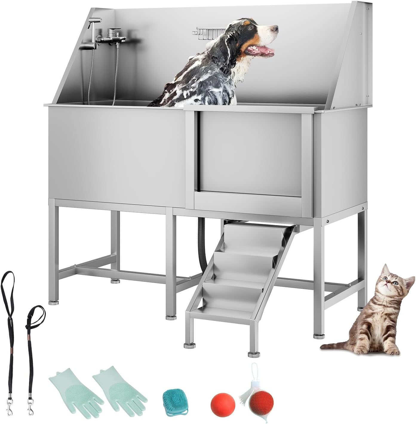 62" Professional Stainless Steel Dog Bathing Station, Large Dog Washing Station W/Dog Bath Brush, Washing Gloves, Floor Grate, Dog and Cat Bath Tub, Dog Washing Sink (62 Inch Right Door)