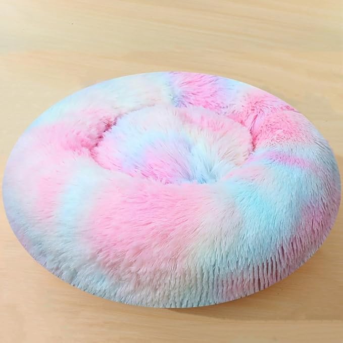 Large Calming Dog Bed, 47 Inch Anti-Anxiety Donut Dog Cuddler Cat Bed, Warming Cozy Soft Dogs Round Bed, Fluffy Faux Fur Machine Washable Pet Cushion for Medium Large Dogs & Cats (Multi Color)
